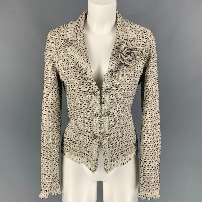 CHANEL Size 6 Cream & Black Boucle Cotton Blend Jacket Cotton Fabric Linen Fabric Terry Fabric CHANEL Size 6 Cream & Black Boucle Cotton Blend Jacket Cotton Fabric Linen Fabric Terry Fabric
