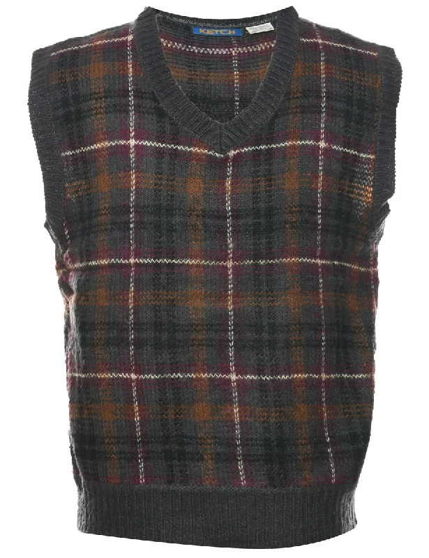Sweater Checked Pattern Vest - M Solid Color Striped Floral Print