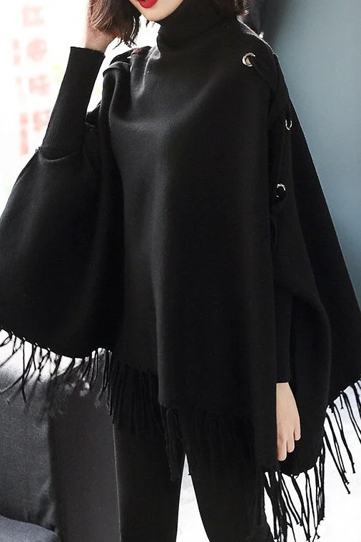 Dolman Sleeve Lace-Up Sweater Turtle Neck Boat Neck Asymmetrical Neck