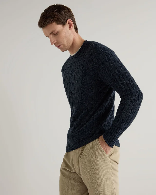 Men's Thames Cable Round Neck Cashmere Sweater Indigo Blue Open Front Closed Front Wrap Front Men's Thames Cable Round Neck Cashmere Sweater Indigo Blue Open Front Closed Front Wrap Front