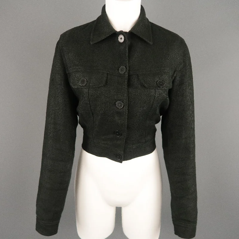 RALPH LAUREN Size 4 Black Woven Linen Cropped Trucker Jacket Fleece Jacket Down Jacket Parka RALPH LAUREN Size 4 Black Woven Linen Cropped Trucker Jacket Fleece Jacket Down Jacket Parka