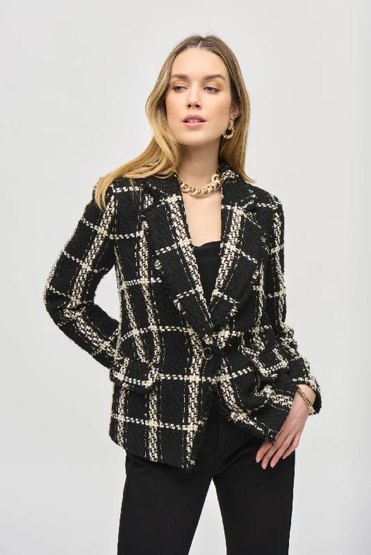Joseph Ribkoff Black/Vanilla Plaid Bouclé Blazer Jacket 243960 Zip Front Button Front Snap Front Joseph Ribkoff Black/Vanilla Plaid Bouclé Blazer Jacket 243960 Zip Front Button Front Snap Front
