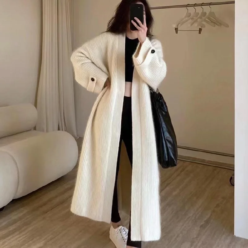 Women Fashion Winter Solid Color Knitted Sweater Coat Ribbed Striped Patterned