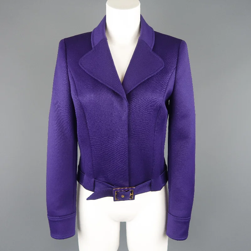 ESCADA Size 4 Purple Cropped Pointed Lapel Belted Jacket Mesh Jacket Canvas Jacket Denim Jacket ESCADA Size 4 Purple Cropped Pointed Lapel Belted Jacket Mesh Jacket Canvas Jacket Denim Jacket