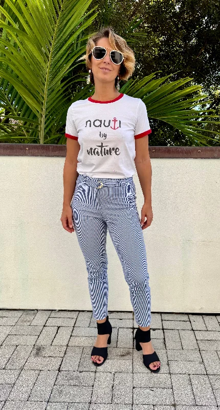 Ladies Striped three quarter length Pants in Navy Blue and White in Size Small Chic Faux Leather Pants