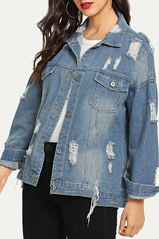 DISTRESSED BUTTON DOWN LONG SLEEVE DENIM JACKET Jacket Blazer Coat