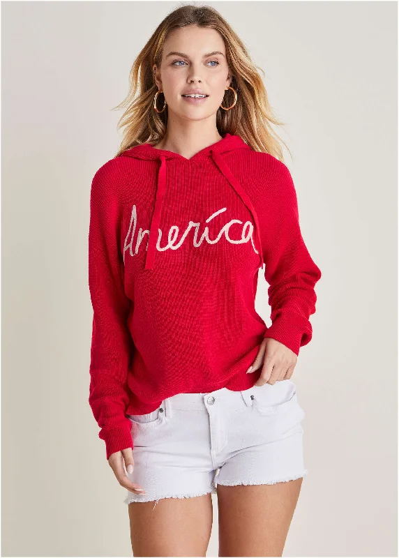 America Hoodie Sweater - Racing Red Multi Elegant Classic Vintage