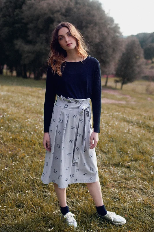 Lamar Grey Bird Print Plated Skirt chiffon skirt floaty