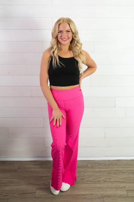Nylon Ribbed Flare Pant-Hot Pink Trendy Printed Leggings