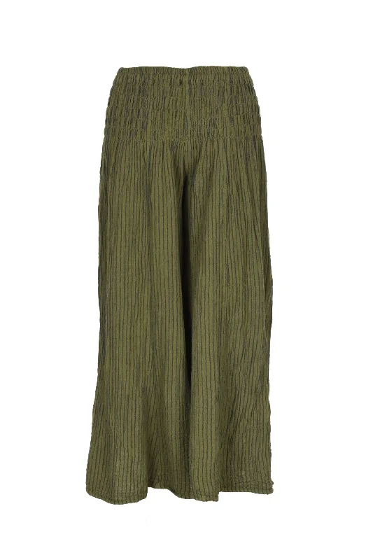 Thai Cotton Shirred Elastic Waist Striped Pant Gothic Olive Stylish Harem Pants