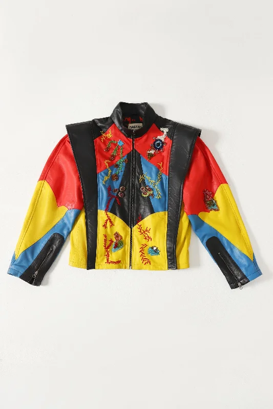 HAND EMBROIDERED LEATHER RACER JACKET Hooded Jacket Caped Jacket Shawl Collar Jacket