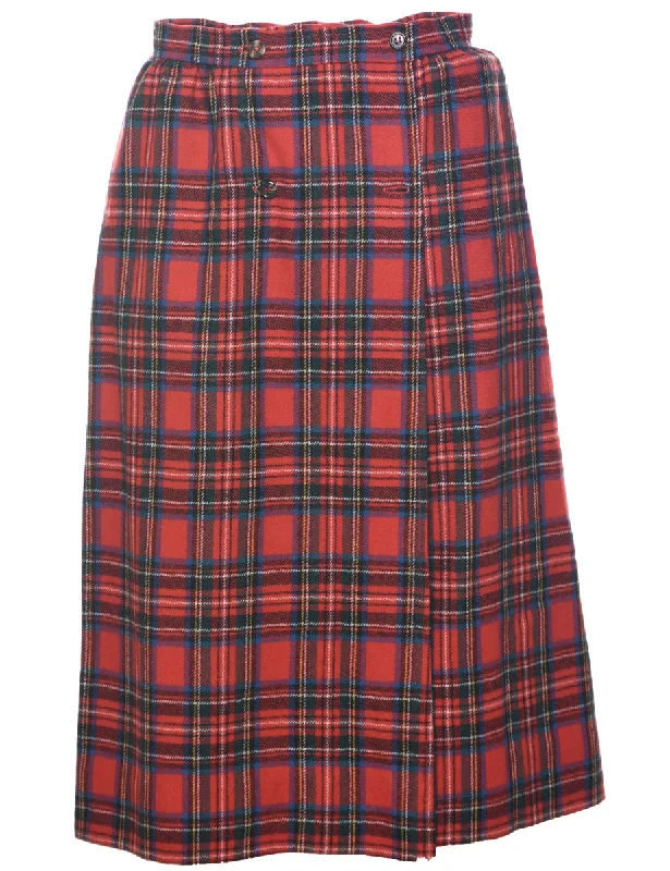 Plaid Red Midi Skirt - S satin skirt smooth