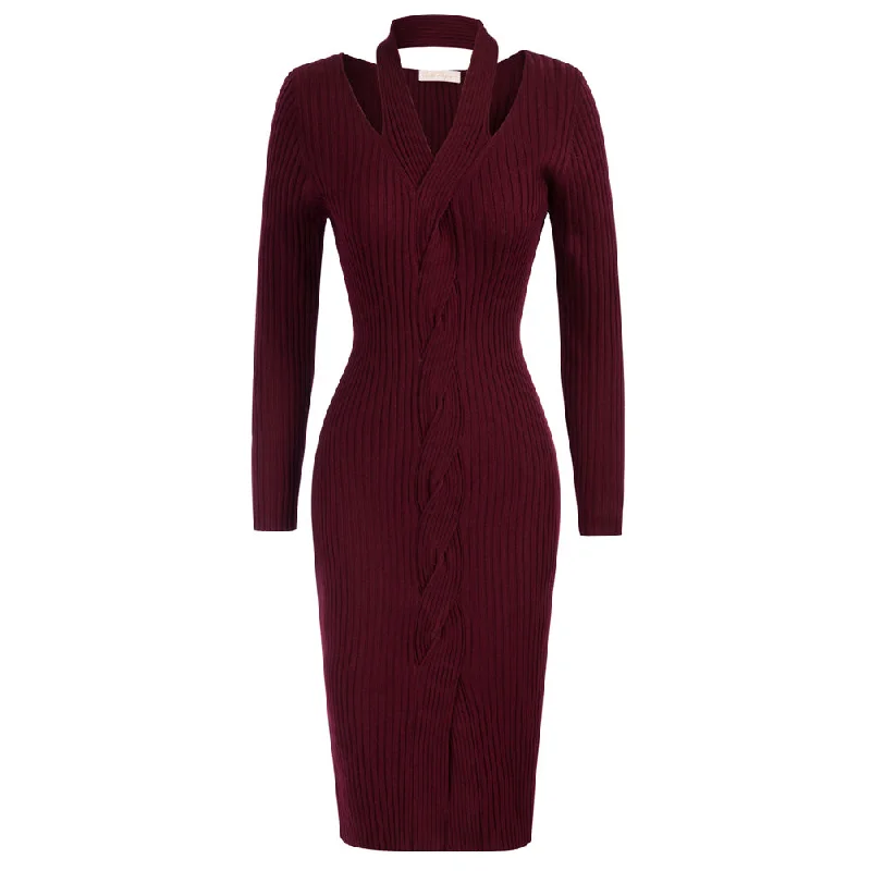 Seckill Offer⌛Halterneck Sweater Dress Long Sleeve Front Slit Knitted Bodycon Dress Spandex Blend Rayon Blend Denim Blend