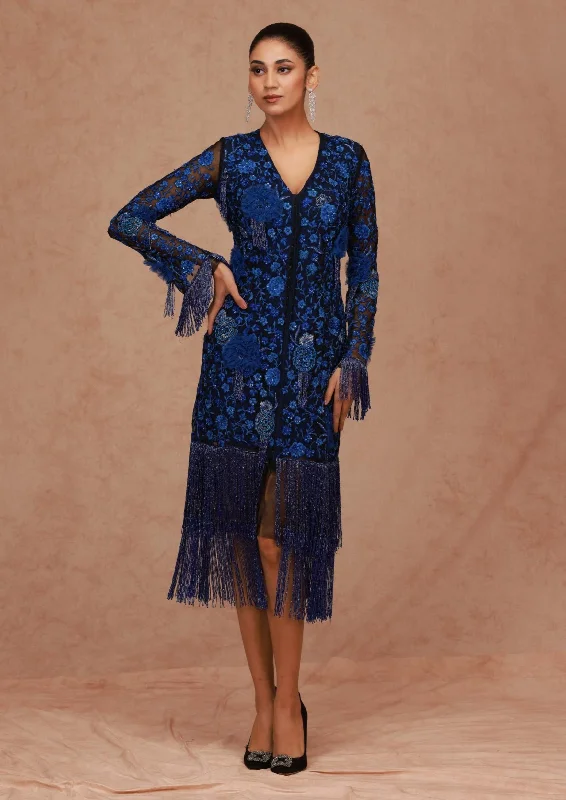 Blue Black Floral Fringe Jacket Dress Boat Neck Shawl Collar Notched Collar