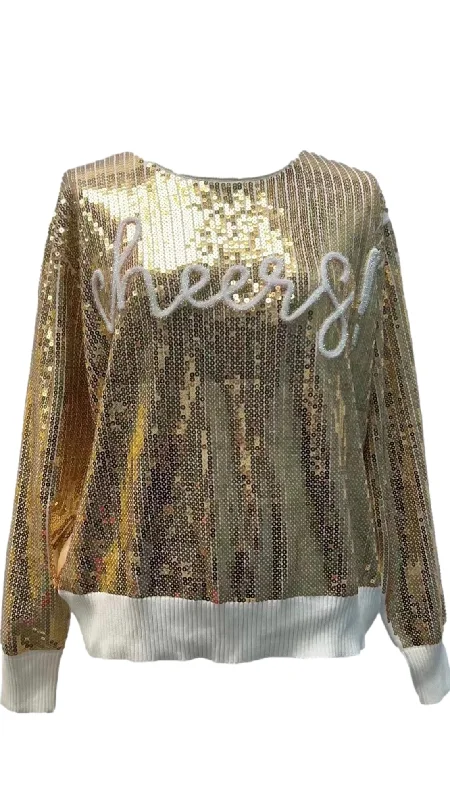 Gold Full Sequin Cheers Sweater | Queen of Sparkles Front Pockets Side Pockets Patch Pockets Gold Full Sequin Cheers Sweater | Queen of Sparkles Front Pockets Side Pockets Patch Pockets
