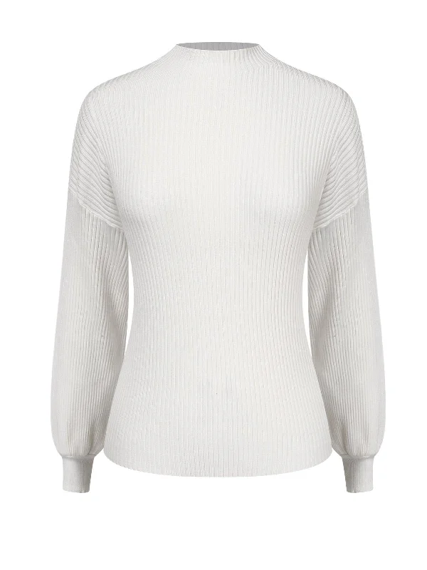 White 1940s Solid Half Turtleneck Sweater Beaded Sweater Sequined Faux Fur