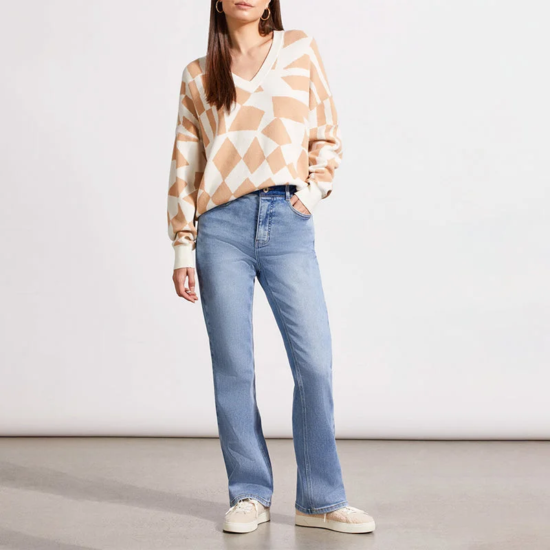 V-Neck Jacqaurd Beige Sweater Ribbed Striped Patterned
