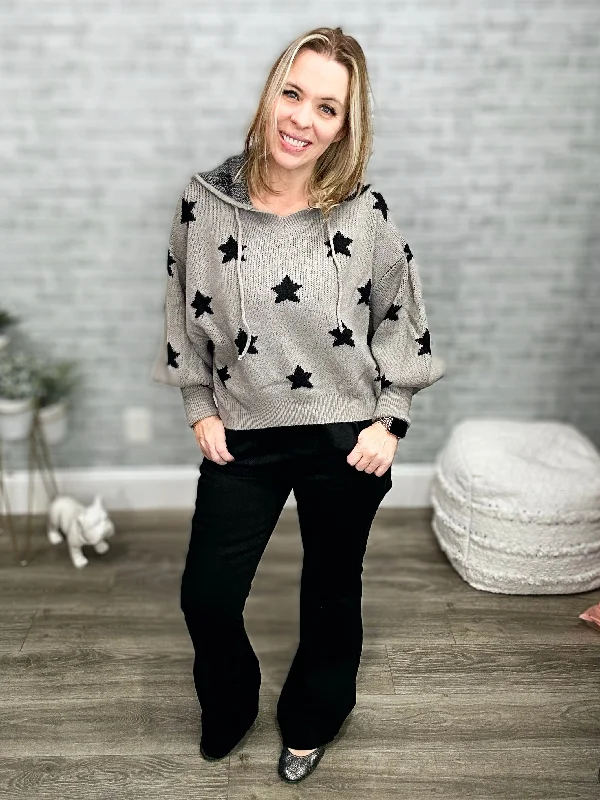 Hooded Knit Gray and Black Star Sweater Sweater Knitwear Pullover