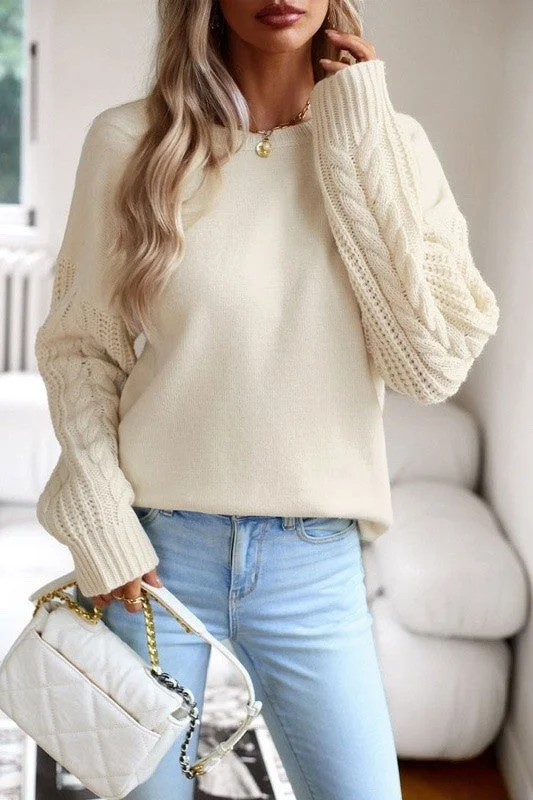 Cable knit sleeve sweater Solid Print Embellished