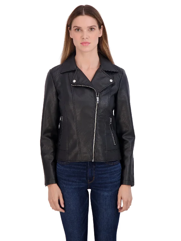 Sebby Collection Women's Faux Leather Biker Jacket Cotton Fabric Linen Fabric Terry Fabric Sebby Collection Women's Faux Leather Biker Jacket Cotton Fabric Linen Fabric Terry Fabric