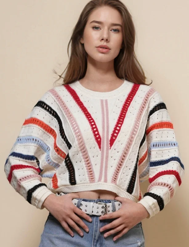 Ladies Round Neck Color Block Hollow Out Sweater SKT50155 Sweater Knitwear Pullover