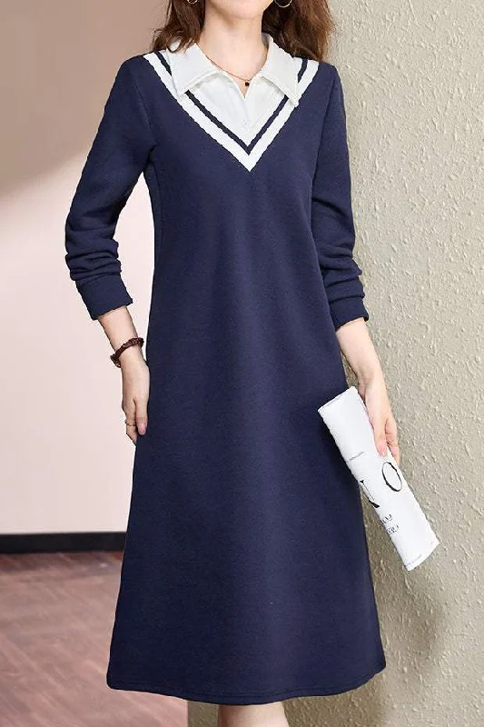 Simple and Elegant Color-blocking Polo Collar Faux Layered A-line Skirt boho skirt vibe