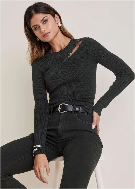 Lightweight Zipper Sweater  - Black Lace Blend Ribbed Blend Corduroy Blend