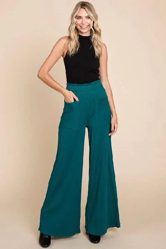Wide Leg Ribbed Pants with Ruching and Frill Details Relaxed High-Waist Trousers