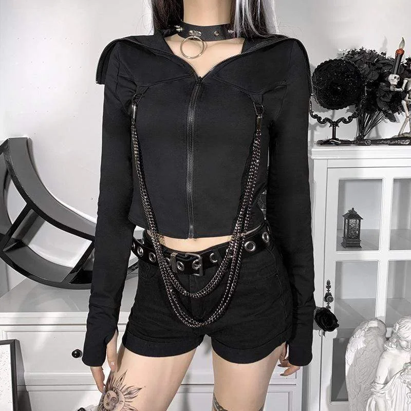 Women's Punk High Collar Zipper Jacket with Chain V-Neck Jacket Boat Neck Jacket Square Neck Jacket Women's Punk High Collar Zipper Jacket with Chain V-Neck Jacket Boat Neck Jacket Square Neck Jacket