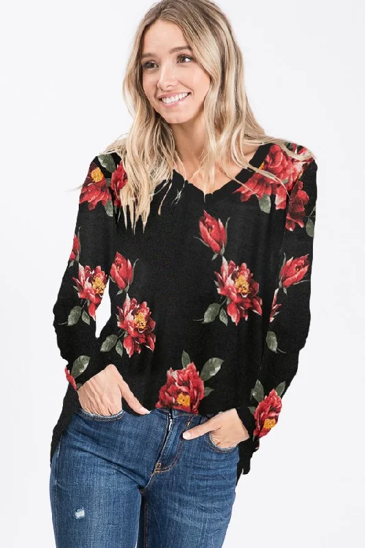 Black and Red Floral Lightweight Sweater Cotton Fabric Linen Fabric Terry Fabric
