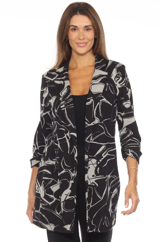 Joseph Ribkoff Black/Beige Abstract Open Front Longline Blazer Jacket 243316 Zippered Front Buttoned Front Snap Front Joseph Ribkoff Black/Beige Abstract Open Front Longline Blazer Jacket 243316 Zippered Front Buttoned Front Snap Front