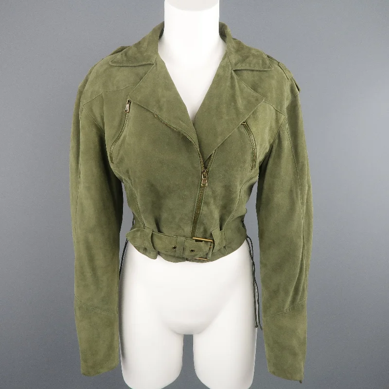 RALPH LAUREN Size 6 Olive Suede Cropped Lace Up Biker Jacket Herringbone Jacket Checkered Jacket Solid Jacket RALPH LAUREN Size 6 Olive Suede Cropped Lace Up Biker Jacket Herringbone Jacket Checkered Jacket Solid Jacket