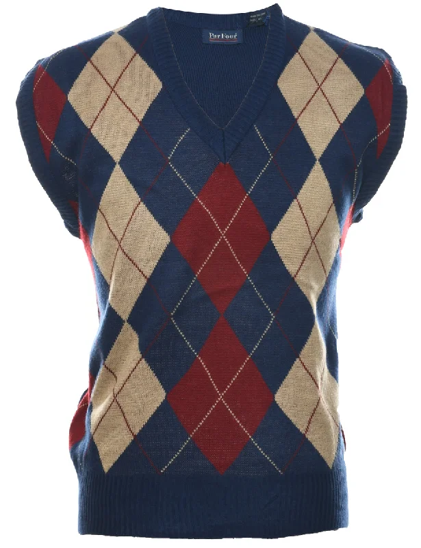 Sweater Argyle Vest - L Open Front Closed Front Wrap Front