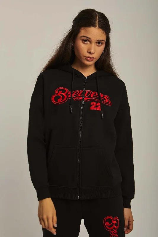 Women Sweat Jacket  Embroidered Black Fleece Fabric Down Fabric Feather Fabric