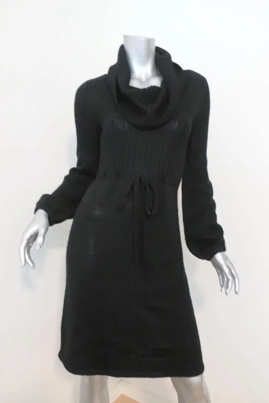 Calvin Klein Sweater Dress Black Wool Size Extra Small Cowl Neck Long Sleeve Handmade Hand-knitted Hand-woven