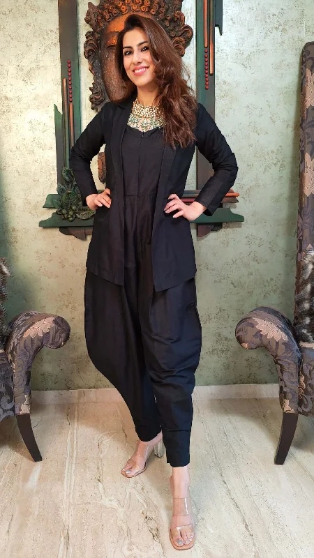 Black Jumpsuit with Jacket Zippered Front Buttoned Front Snap Front