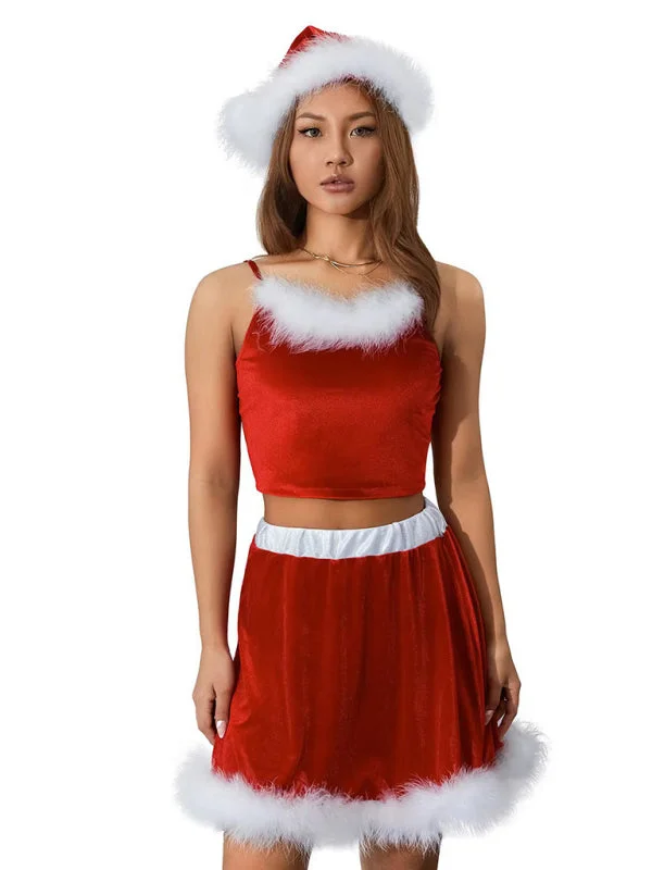 New off-shoulder Christmas red suspender feather Christmas skirt (including hat) button skirt front