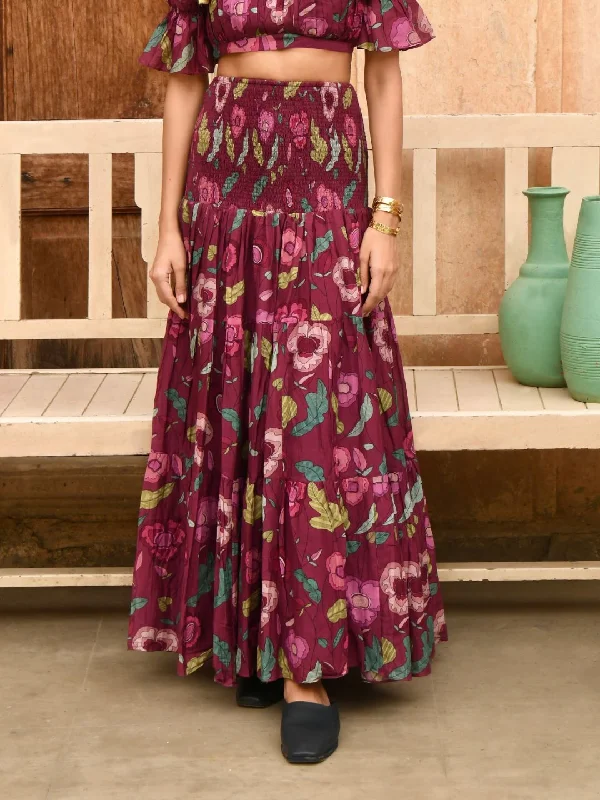 Wine Red Silk Foliage Merlot 3-Tiered Skirt modal blend skirt