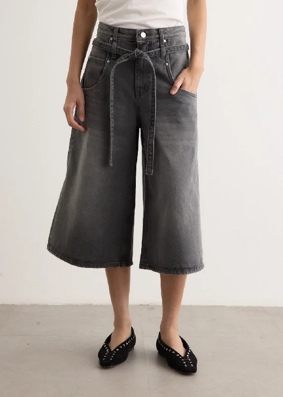 Belted Denim Bermuda Pants Lightweight Linen Pants