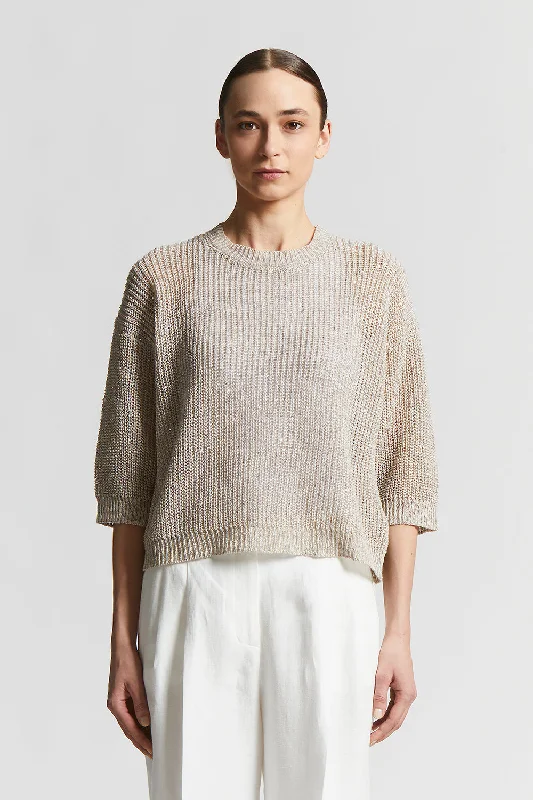Linen tricot sweater with sequins Turtle Neck Boat Neck Asymmetrical Neck
