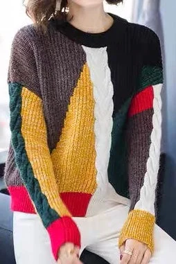 Color Block Wool Sweater Embroidered Appliqued Beaded