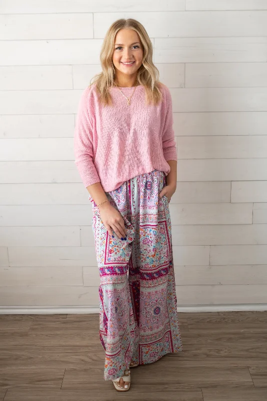 Easel Scarf Printed Wool Long Pants-Peach Chic Slim Fit Pants