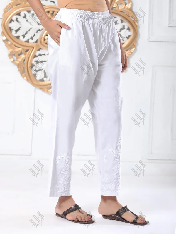 House Of Kari Chikankari Embroidered Cotton White Relaxed Pants-10 Relaxed High-Waist Trousers