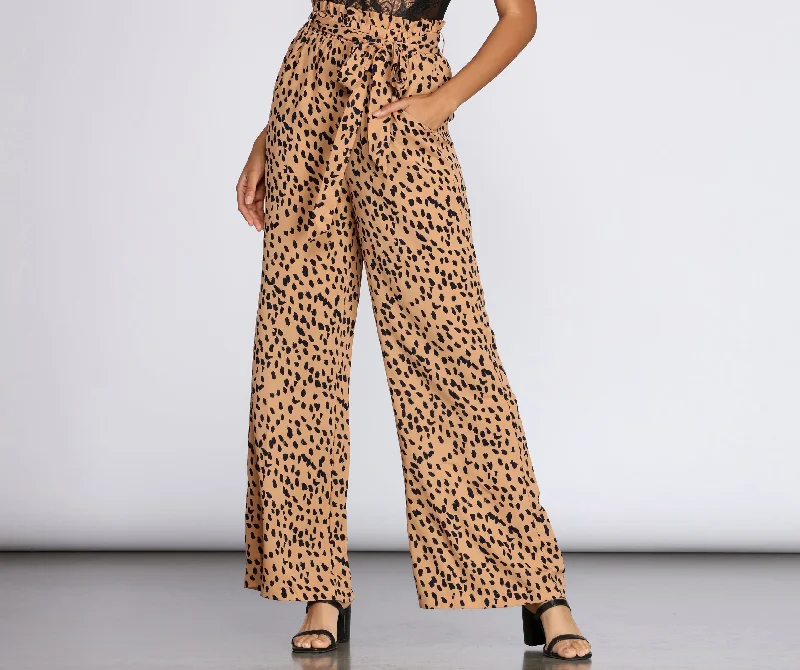 Serious Style Spotted Tie Waist Pants Trendy Wide-Leg Pants