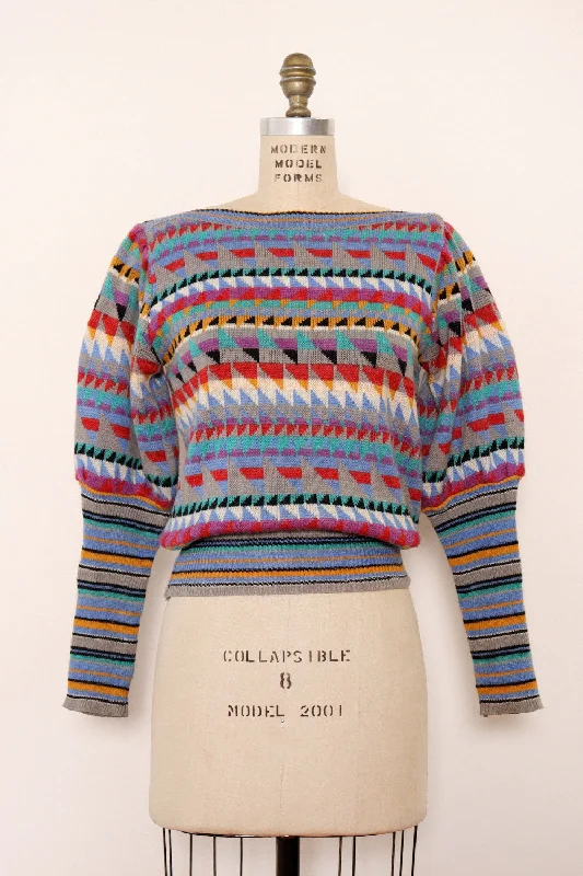Mixed Geometry Puff Sleeve Sweater M/L Zippered Buttoned Snapped