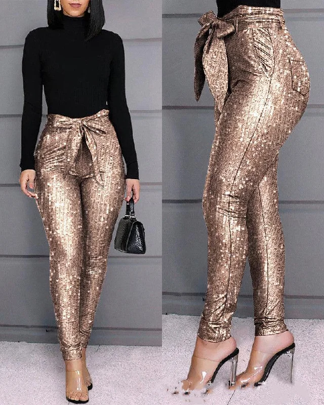 Special Belle Champagne Stretch Sequin Pants Casual Track Pants