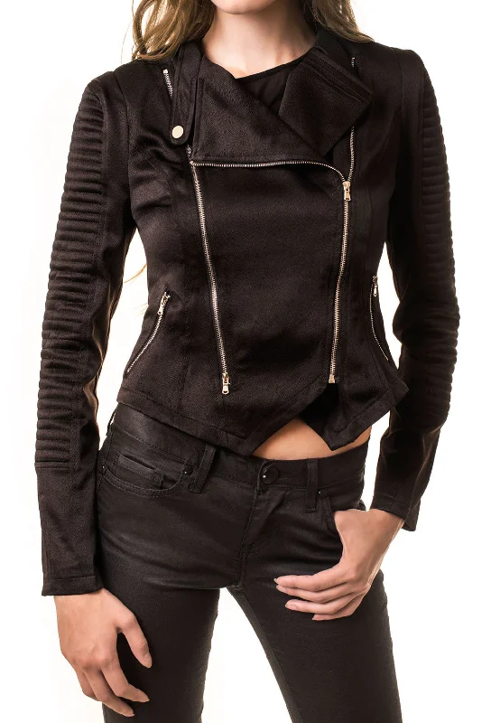 Black Moto Jacket with Double Zippers Denim Jacket Leather Jacket Suede Jacket