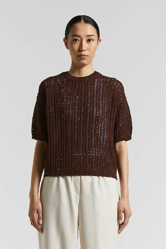 Cotton cordonnet sweater with sequins Solid Print Embellished