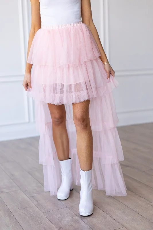 Pink Tulle Ruffled High-Low Skirt silk skirt sleek