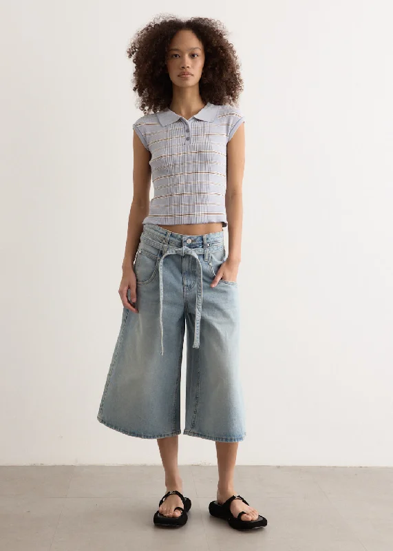 Belted Denim Bermuda Pants Trendy Printed Pants